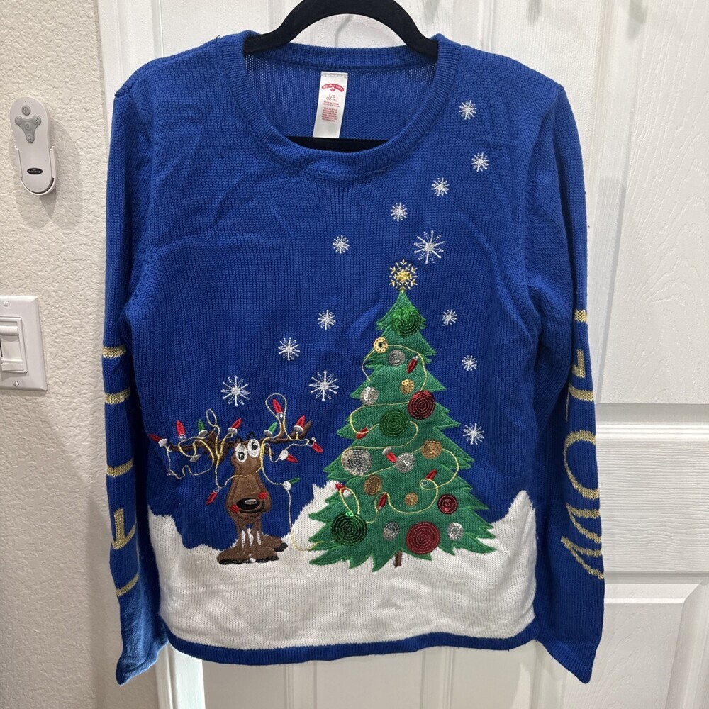 Holiday Time Ugly Christmas Sweater Reindeer Tree Ornaments women’s size large
